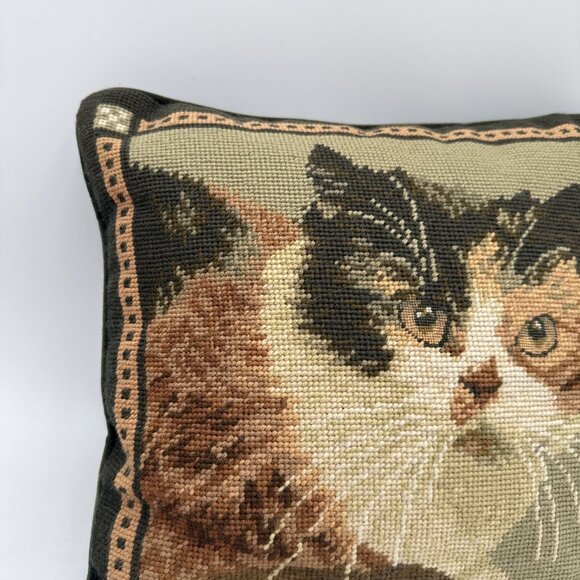 Vintage Imperial Elegance Wool Needlepoint Cats Throw Pillow Green Calico KItten - Picture 4 of 9